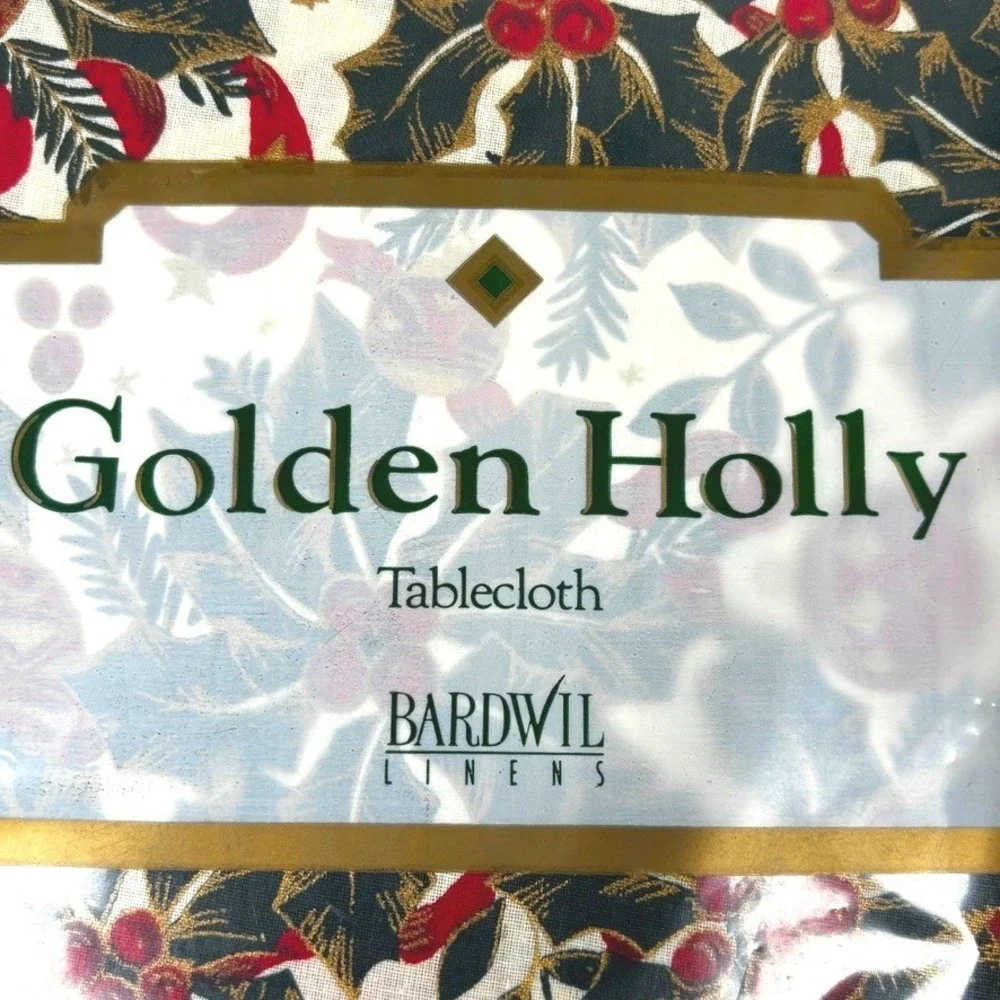 Vtg 90s Bardwil Golden Holly Christmas TableclothNapkins 60x84 Oval 4 NapkinsNEW